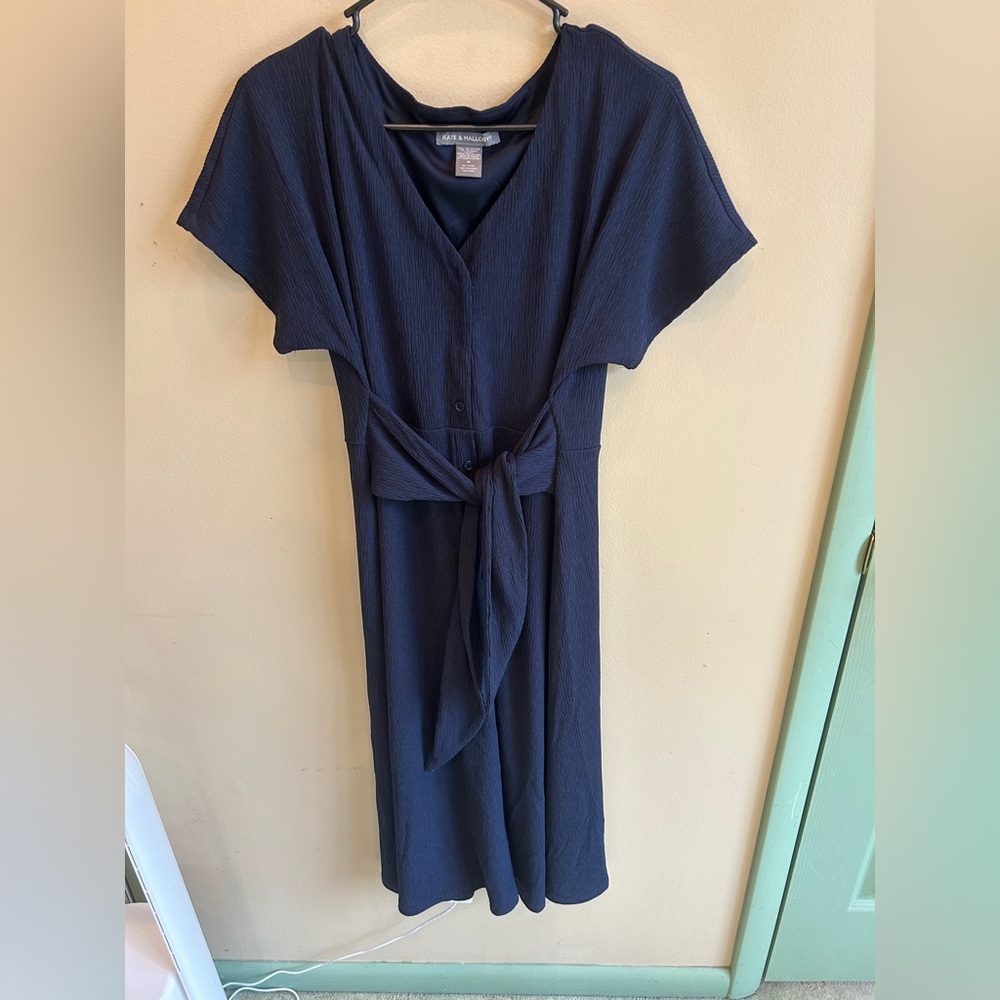 Kate & Mallory Navy Button-Front V-Neck Midi Dress